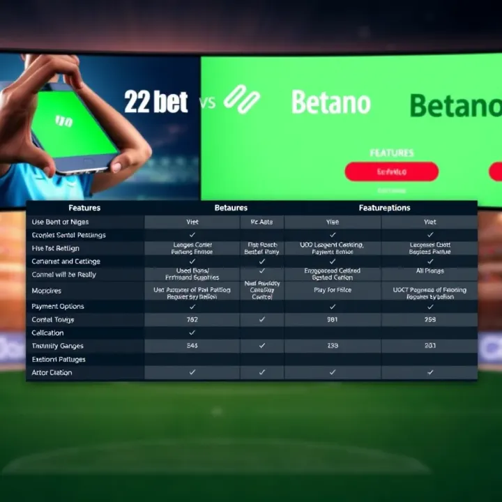 Comparison chart showing features of two betting platforms including user interface and payment options