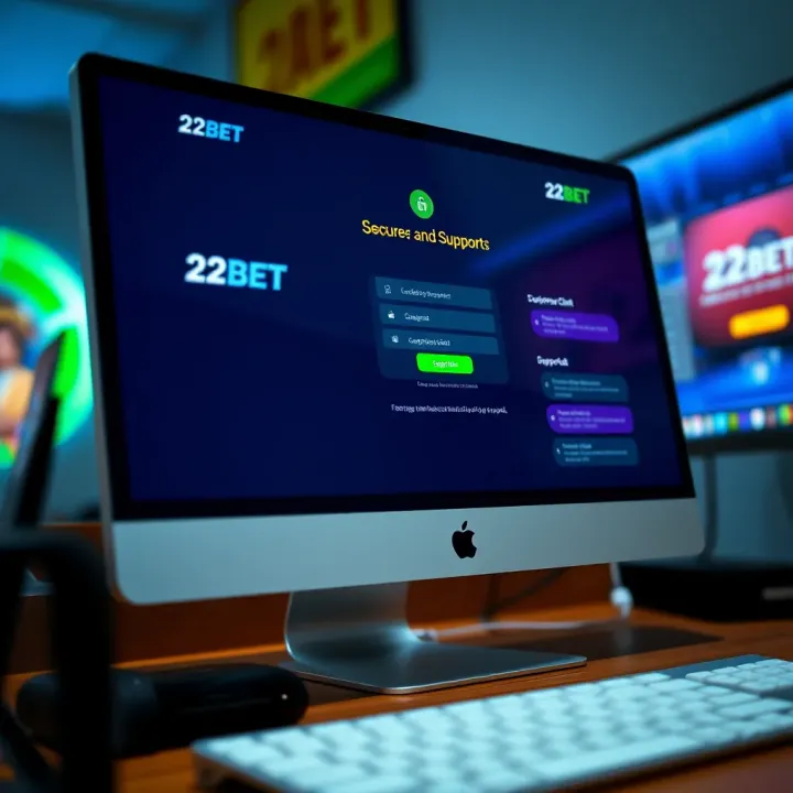 Illustration of computer screen displaying secure login and support chat features on 22Bet desktop site