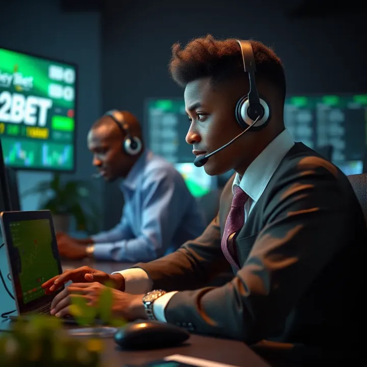 Customer support representative assisting with betting inquiries through headset