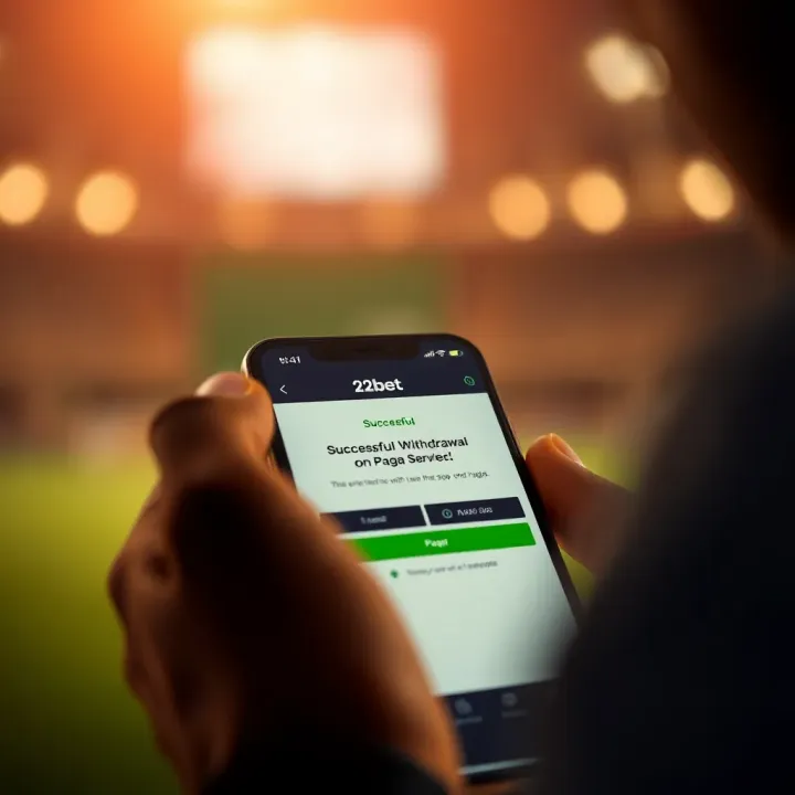 Illustration of a mobile phone showing a successful transaction confirmation for a withdrawal on 22bet via Paga